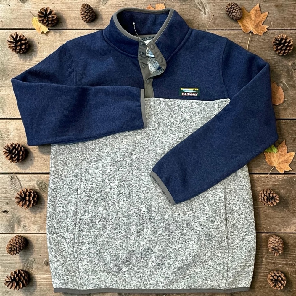 L.L.Bean Boys Large 14 16 Blue Gray Snap Pullover Sweater Fleece NWOT Pockets